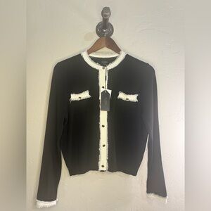 Aleeza Paris Black Cardigan with White Fringe